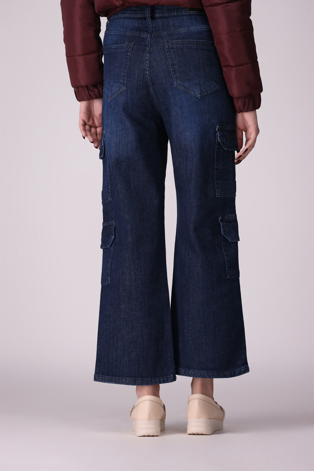 Dark Blue 8 Pockets Wide Leg Ladies Jeans, comfort stretch Denim