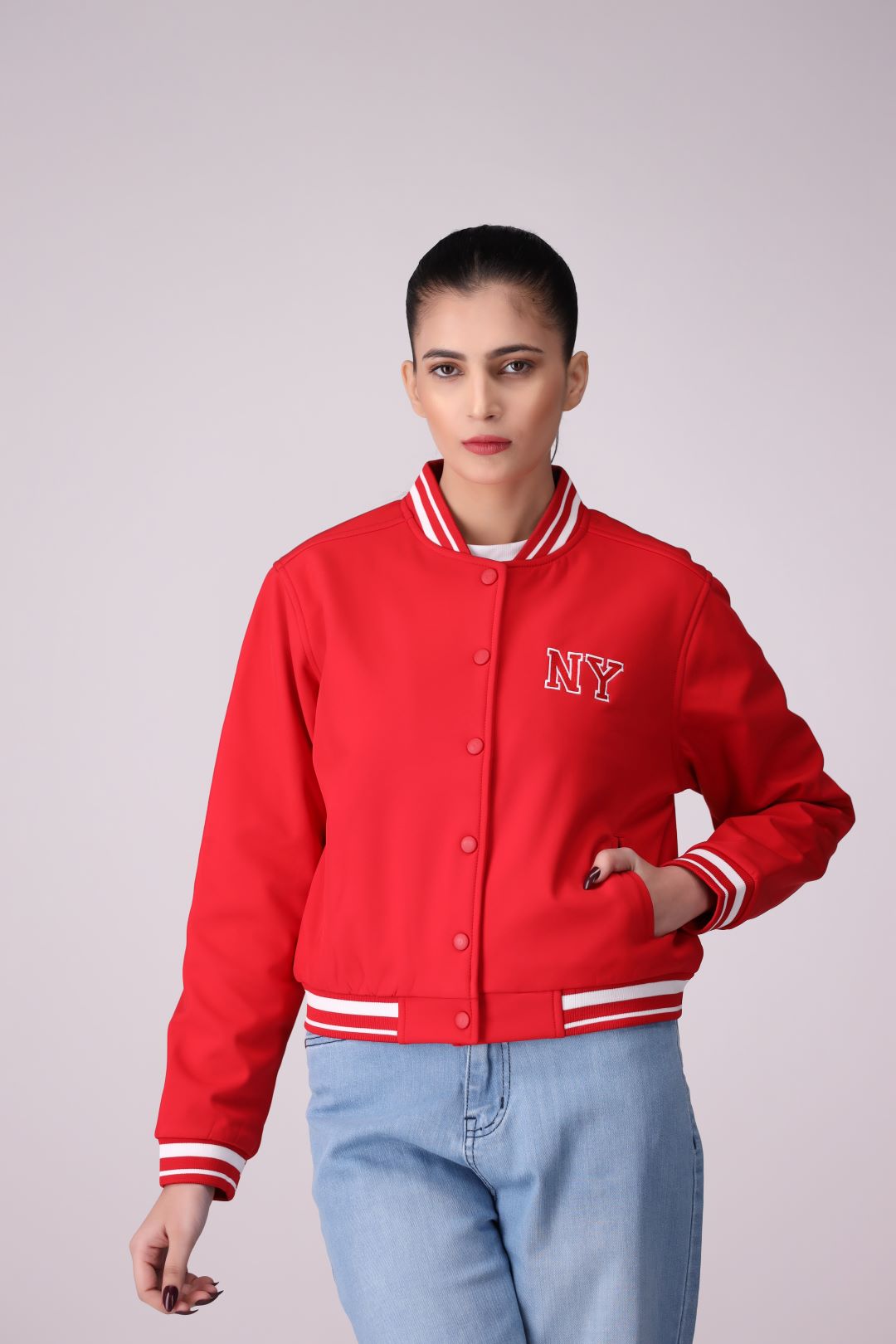 Red Baseball Ladies Jacket in Imported Fabric