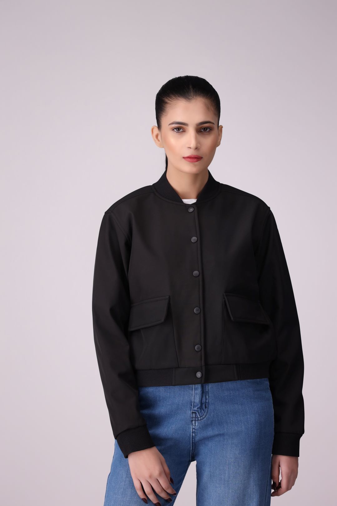 Black front pocket Ladies Jacket in Imported Fabric