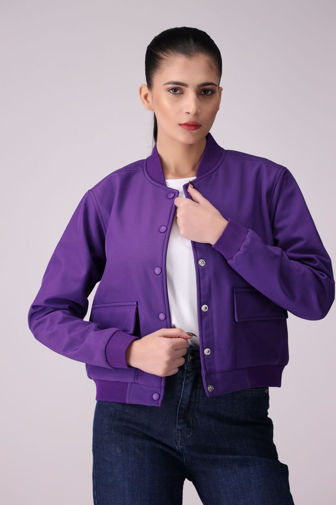 Purple front pocket Ladies Jacket in Imported Fabric