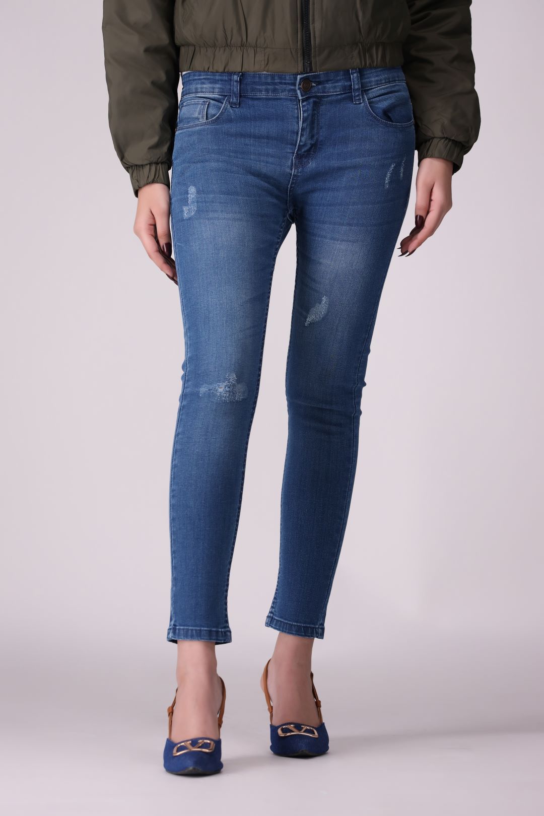 Mid Blue Ripped super stretch Ladies Jeans