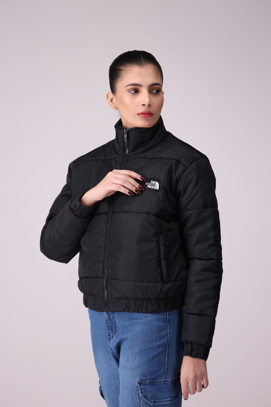 Black Ladies Quilted Puffer Jacket in Imported Fabric