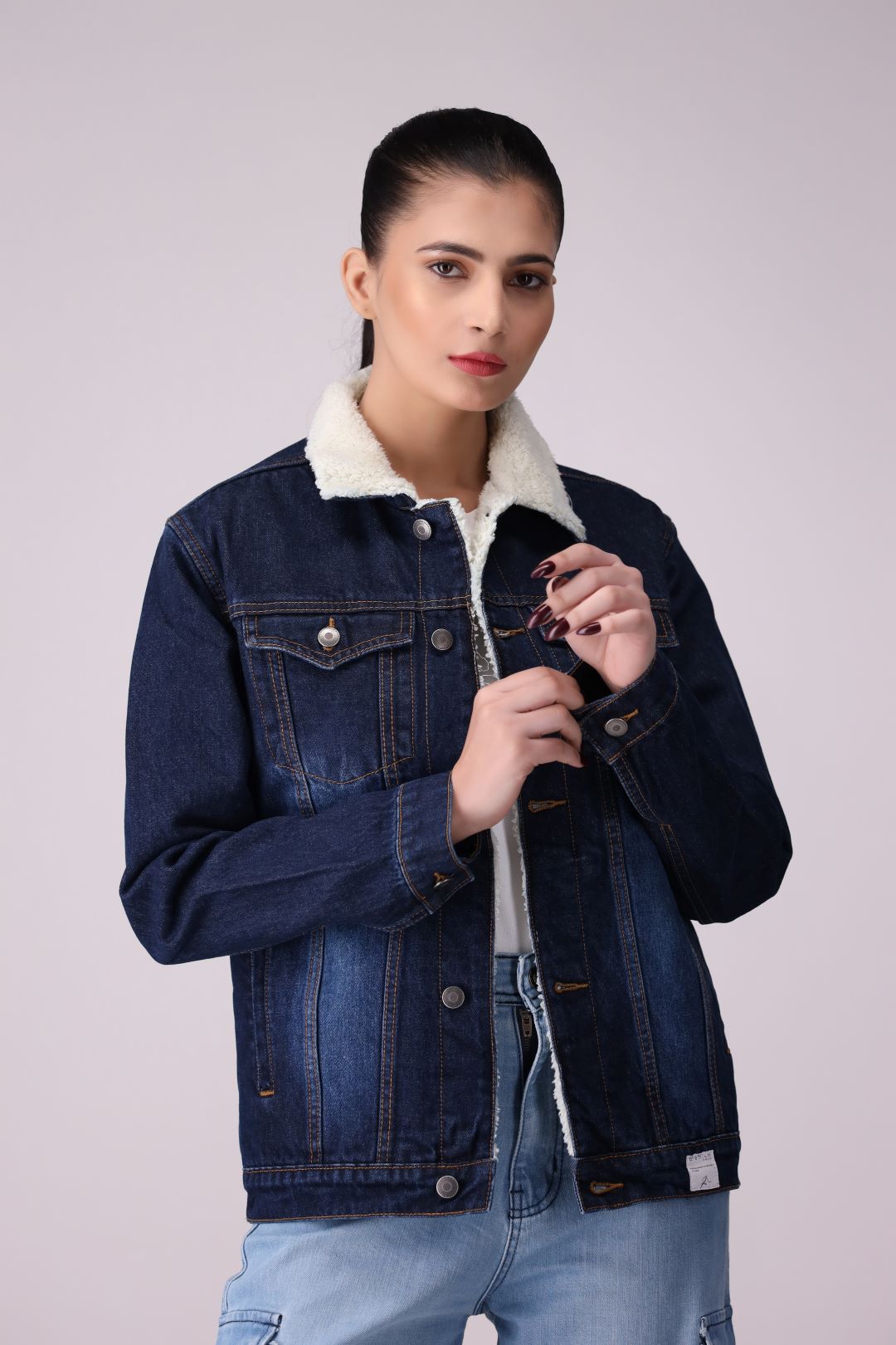 Dark Blue Denim Ladies Jacket with full fur inside, regular fit.