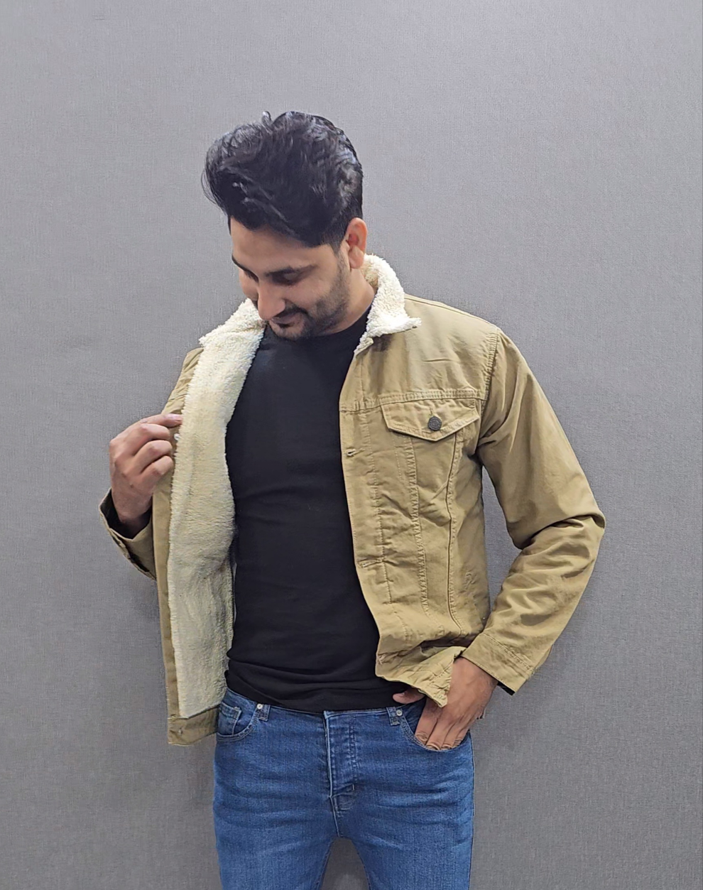Khakhi Men Full inside Fur Denim Jackets for Winter