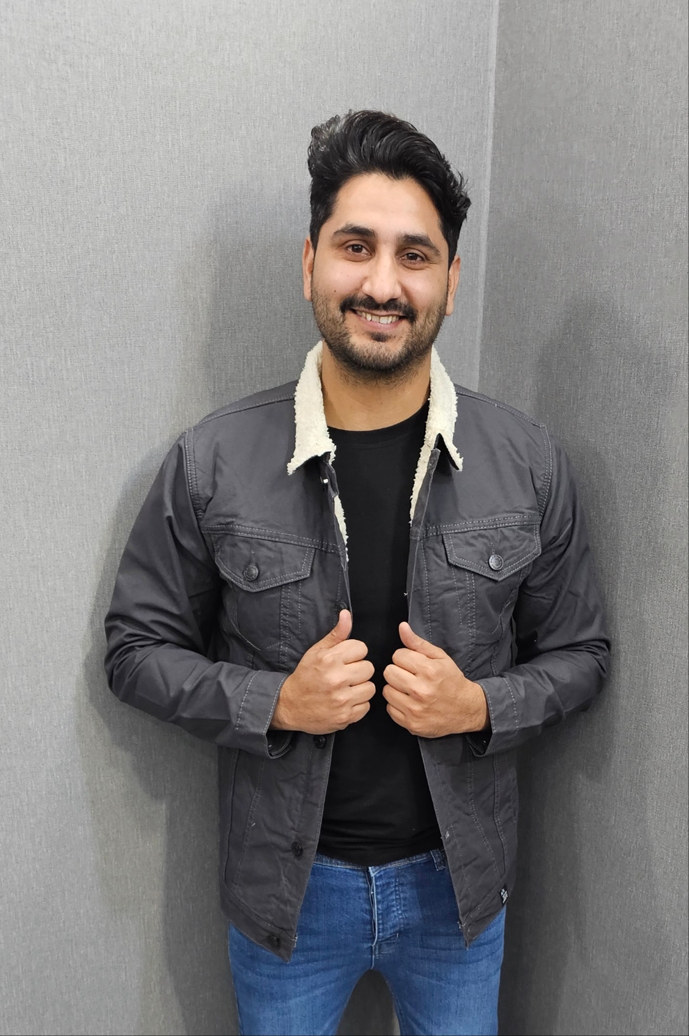 Grey Men Full inside Fur Denim Jackets for Winter