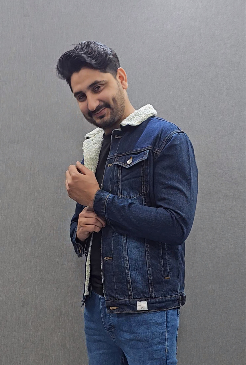 Dark Blue Men Full inside Fur Denim Jackets for Winter