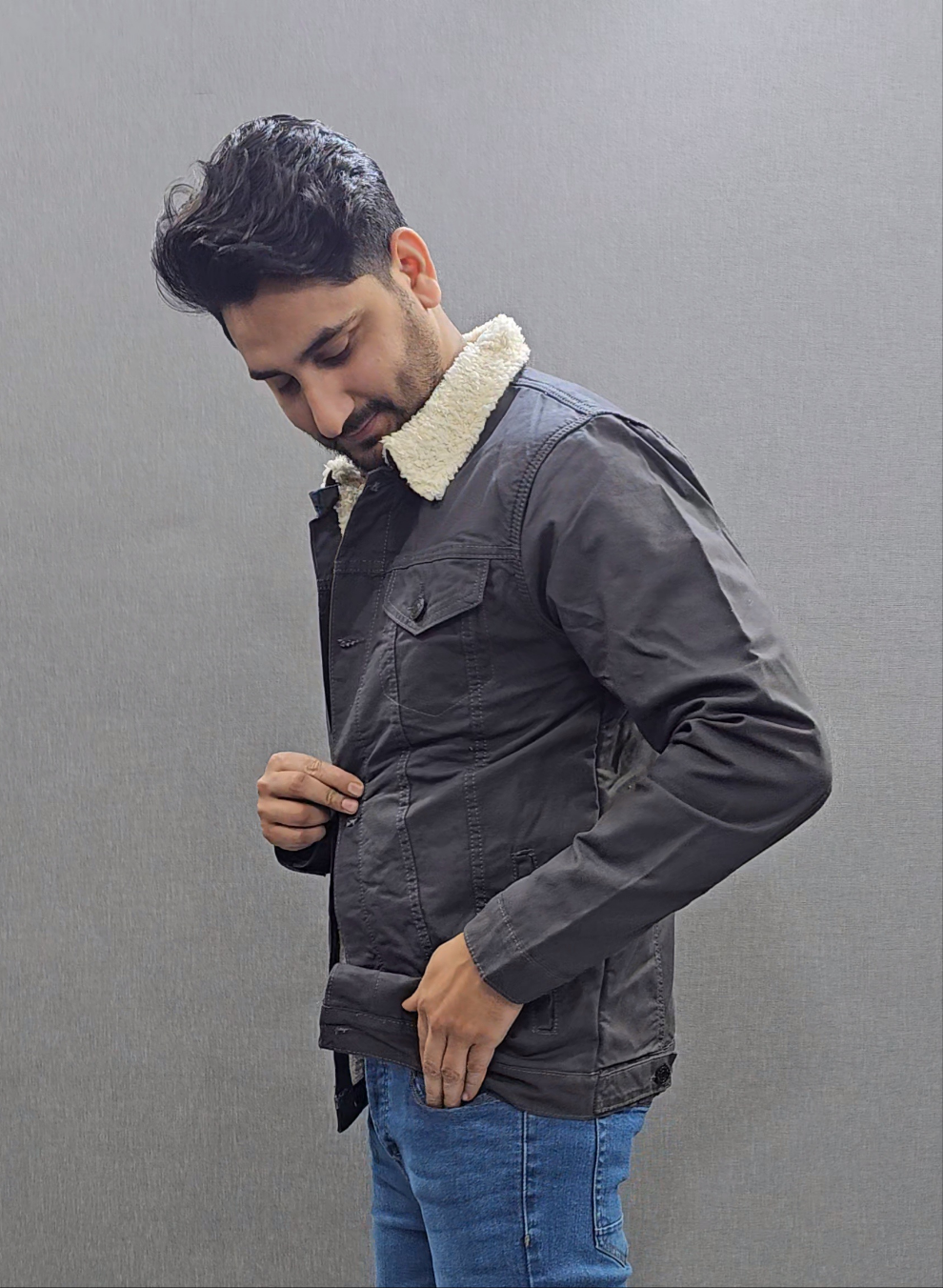 Grey Men Full inside Fur Denim Jackets for Winter