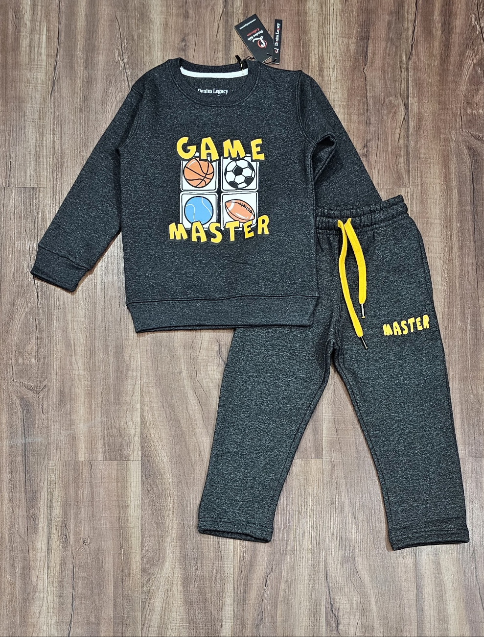 Boys Winter Dark Grey Swestshirt trouser Suit in Cotton fleece fabric