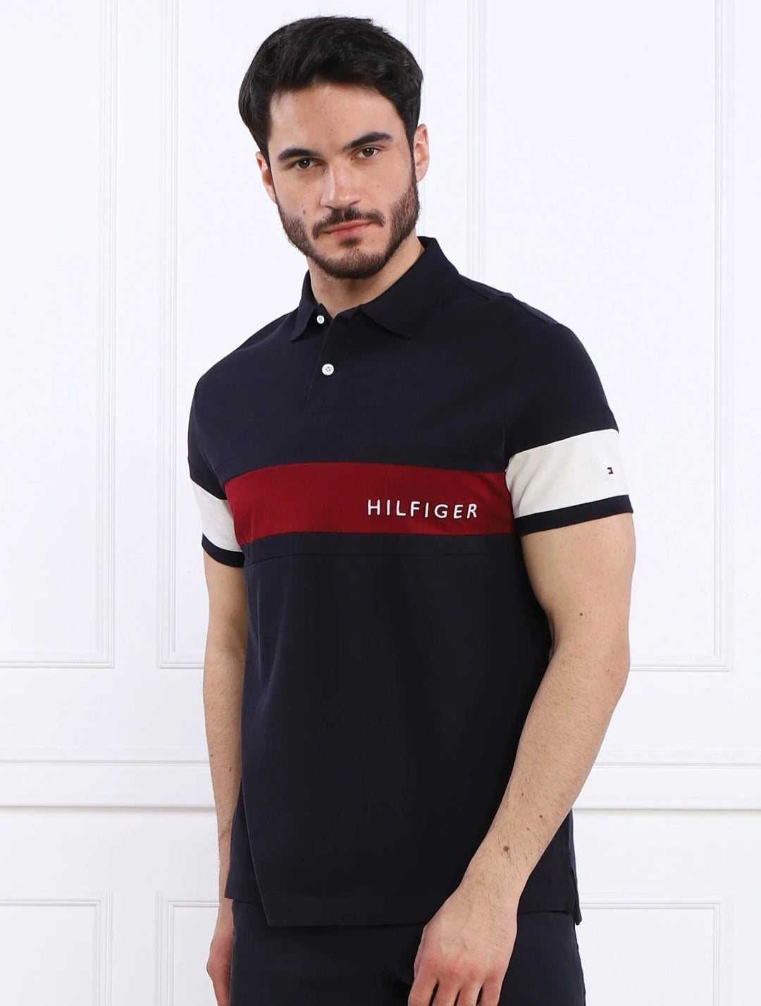 TH- Mens PiQue cotton contrast pannel polo shirts. Navy Blue