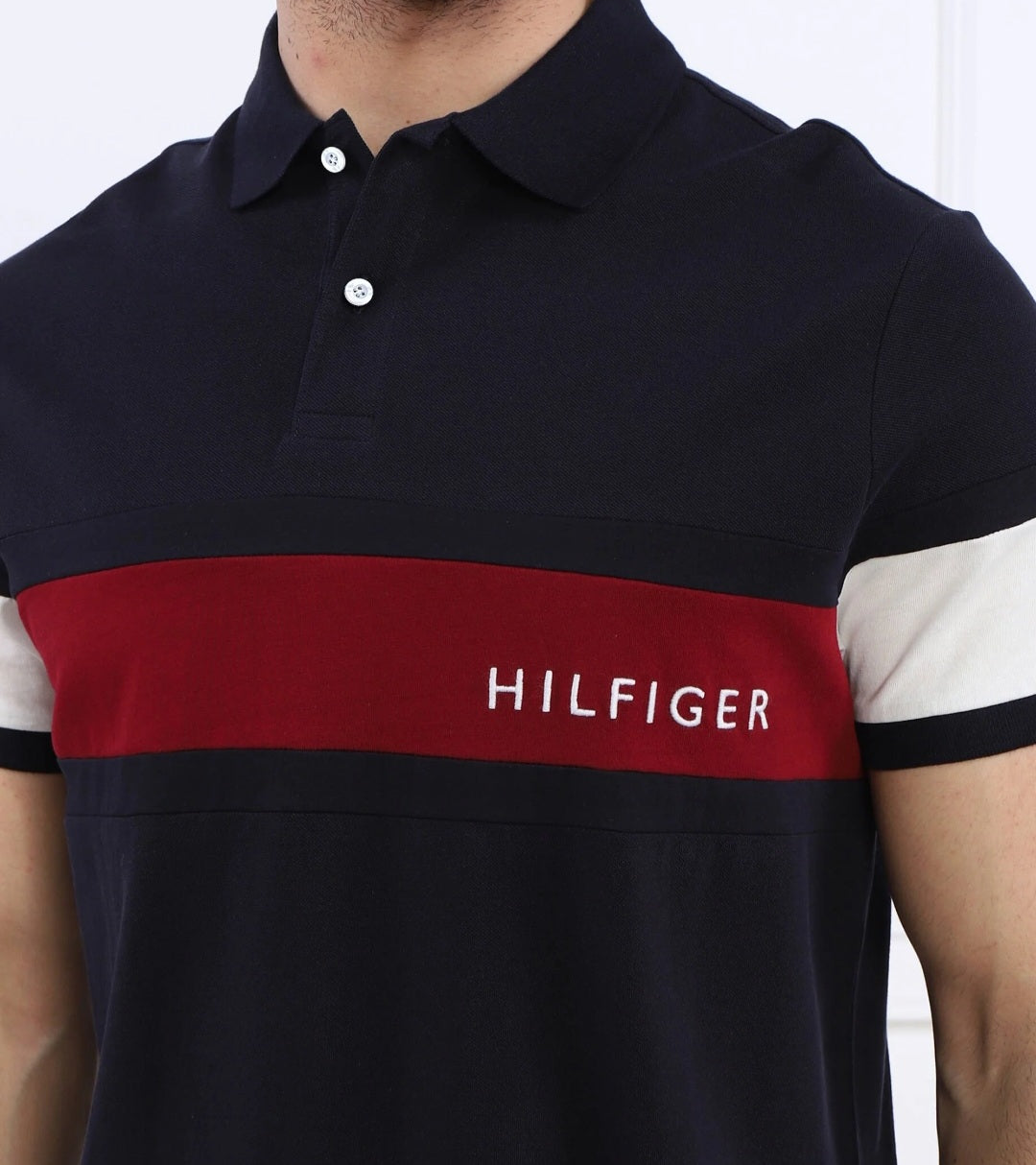 TH- Mens PiQue cotton contrast pannel polo shirts. Navy Blue