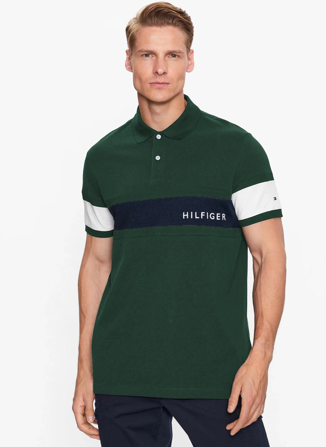 TH- Mens PiQue cotton contrast pannel polo shirts. Green