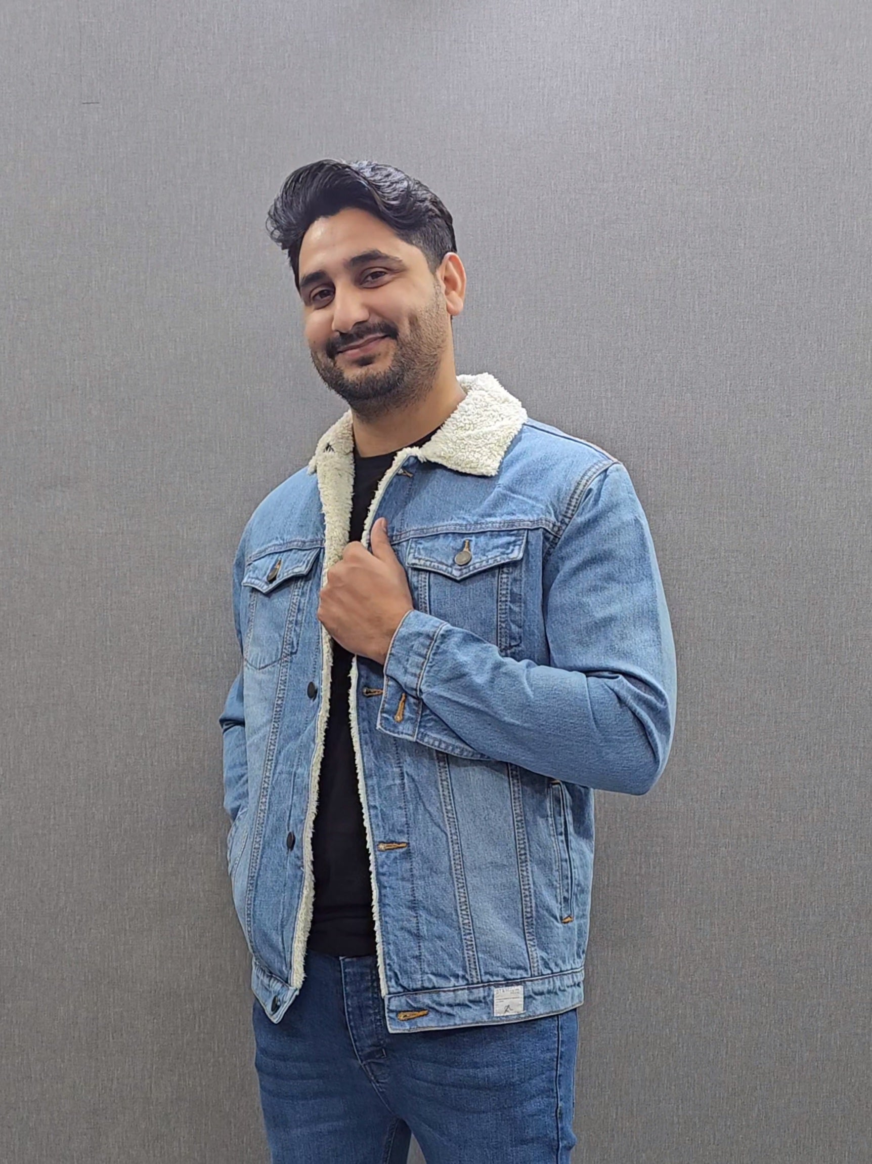 Light Blue Men Full inside Fur Denim Jackets for Winter