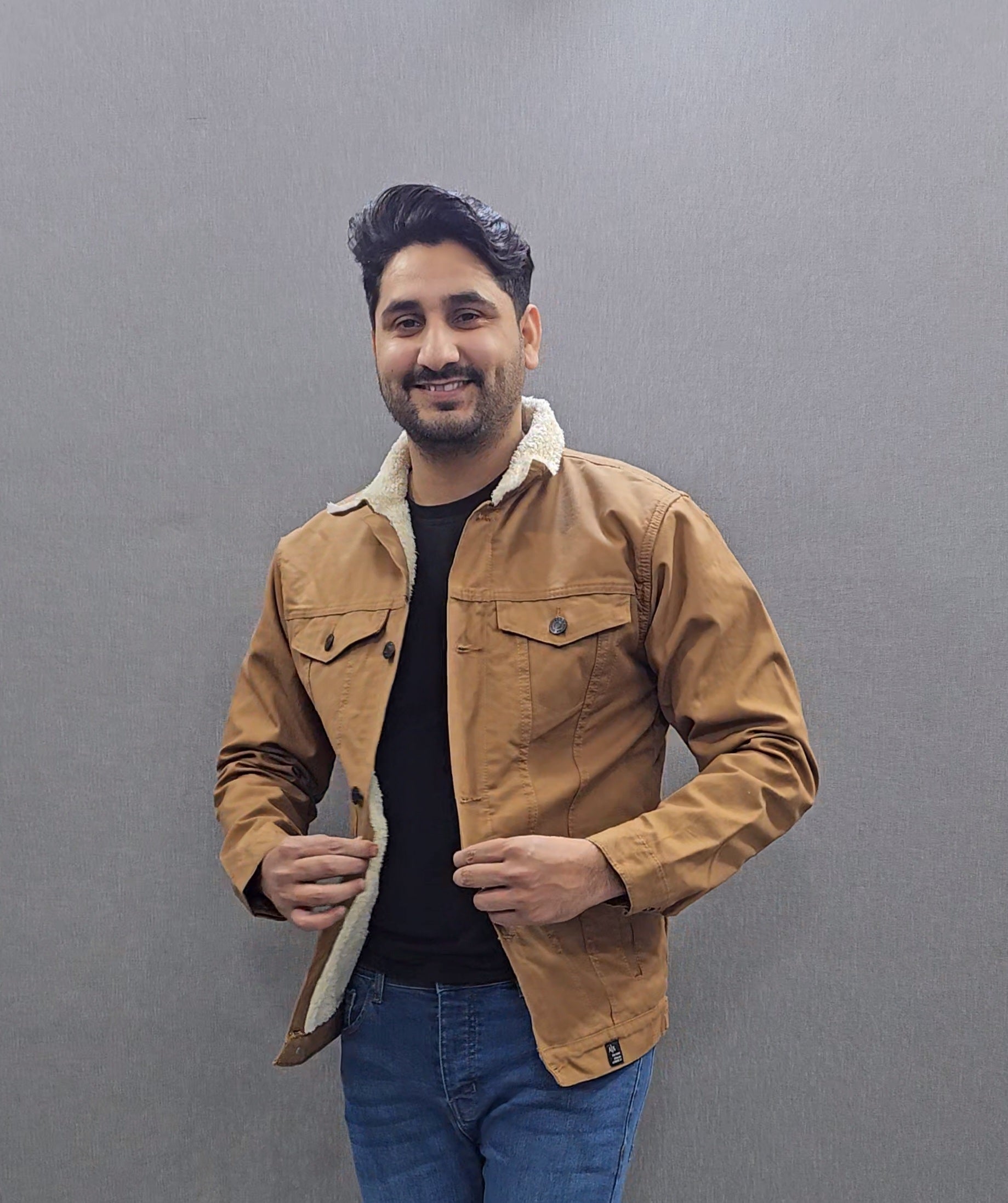 Camel Men Full inside Fur Denim Jackets for Winter