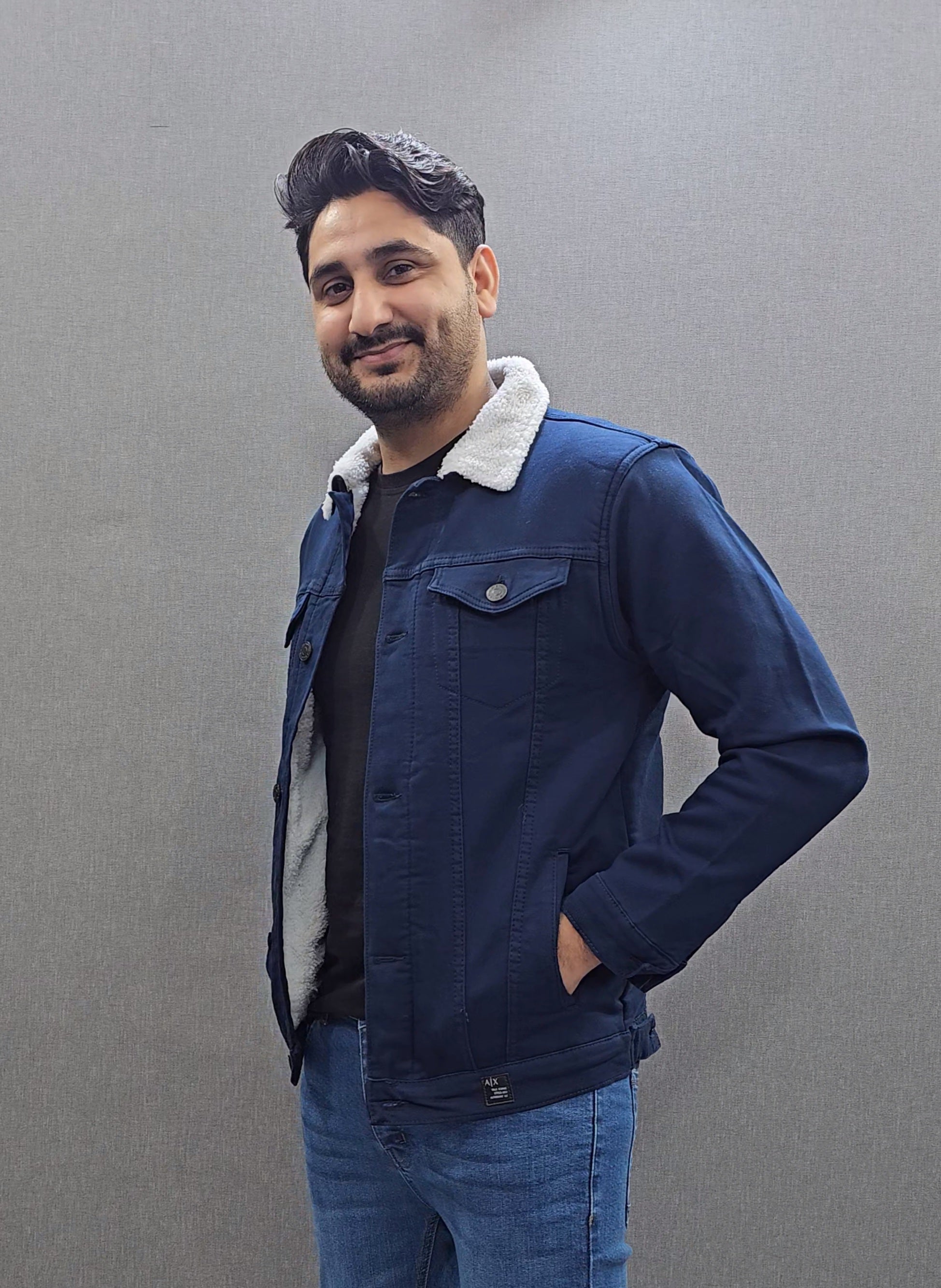 Navy Blue Men Full inside Fur Denim Jackets for Winter