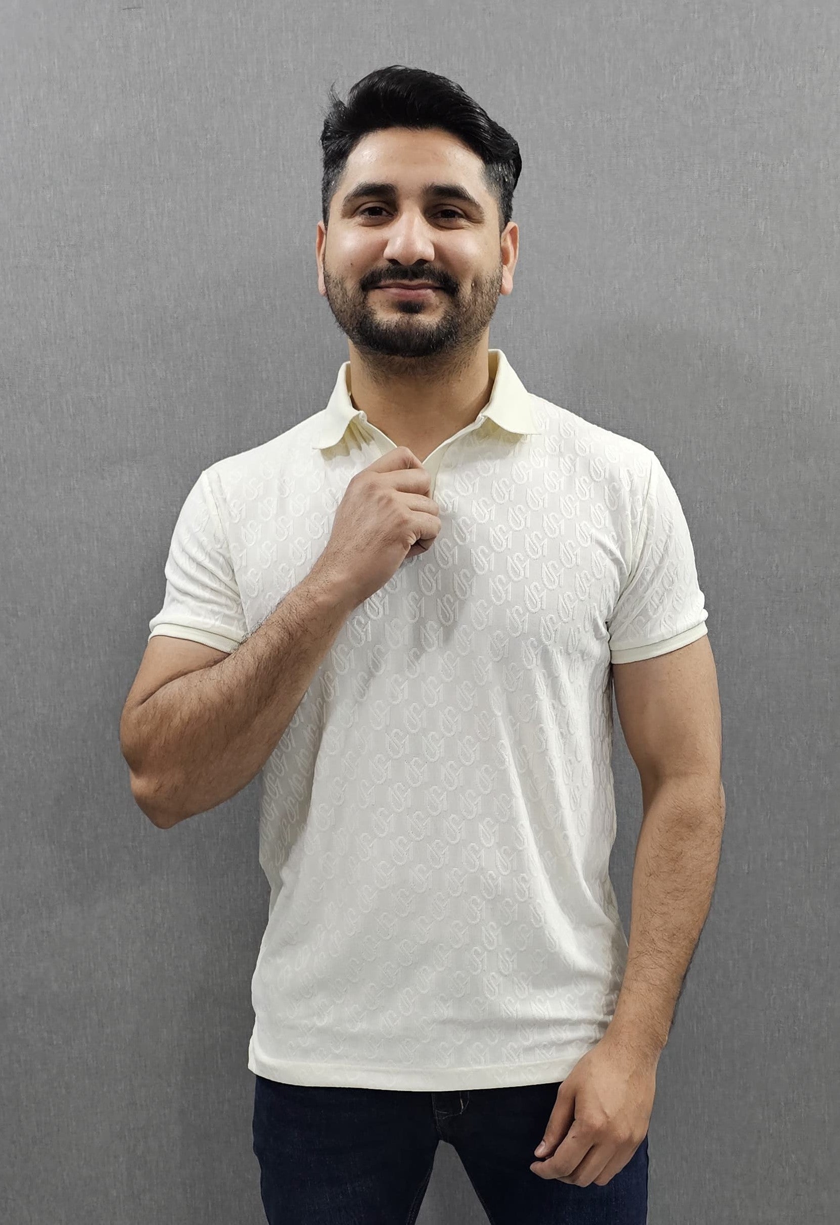 Mens knitted polo shirts in 4 side stretch self Imported Fabric Off white
