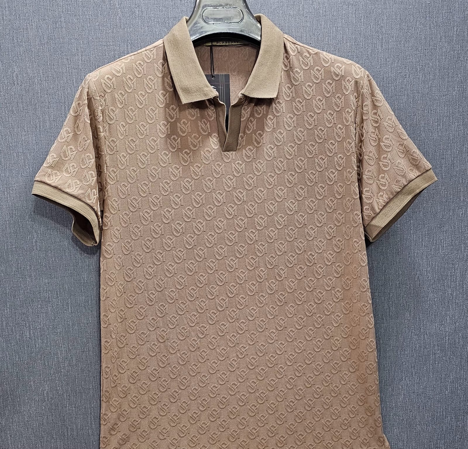 Mens knitted polo shirts in 4 side stretch self Imported Fabric Beige