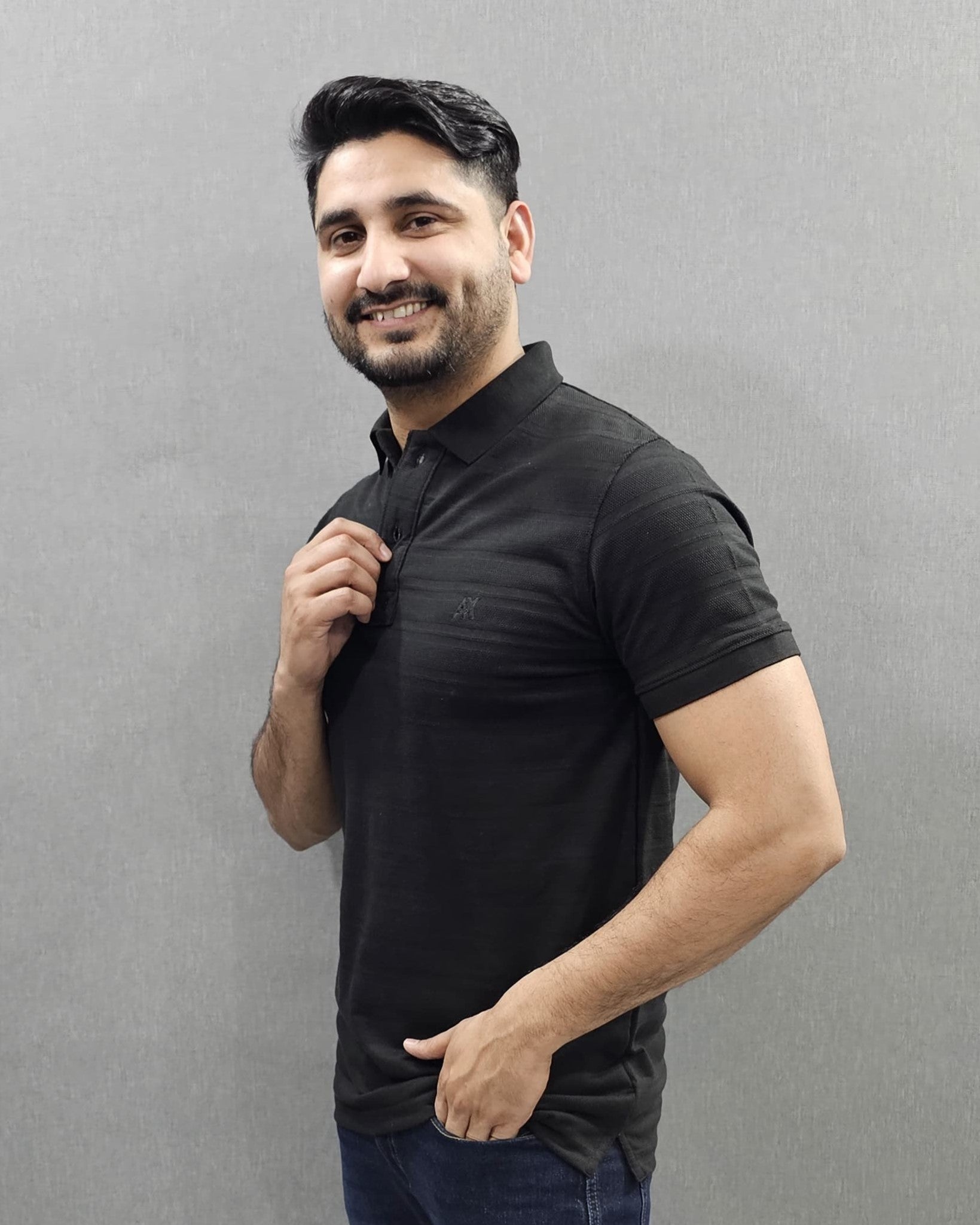 Mens knitted polo shirts in Cotton Jackard self Fabric Black