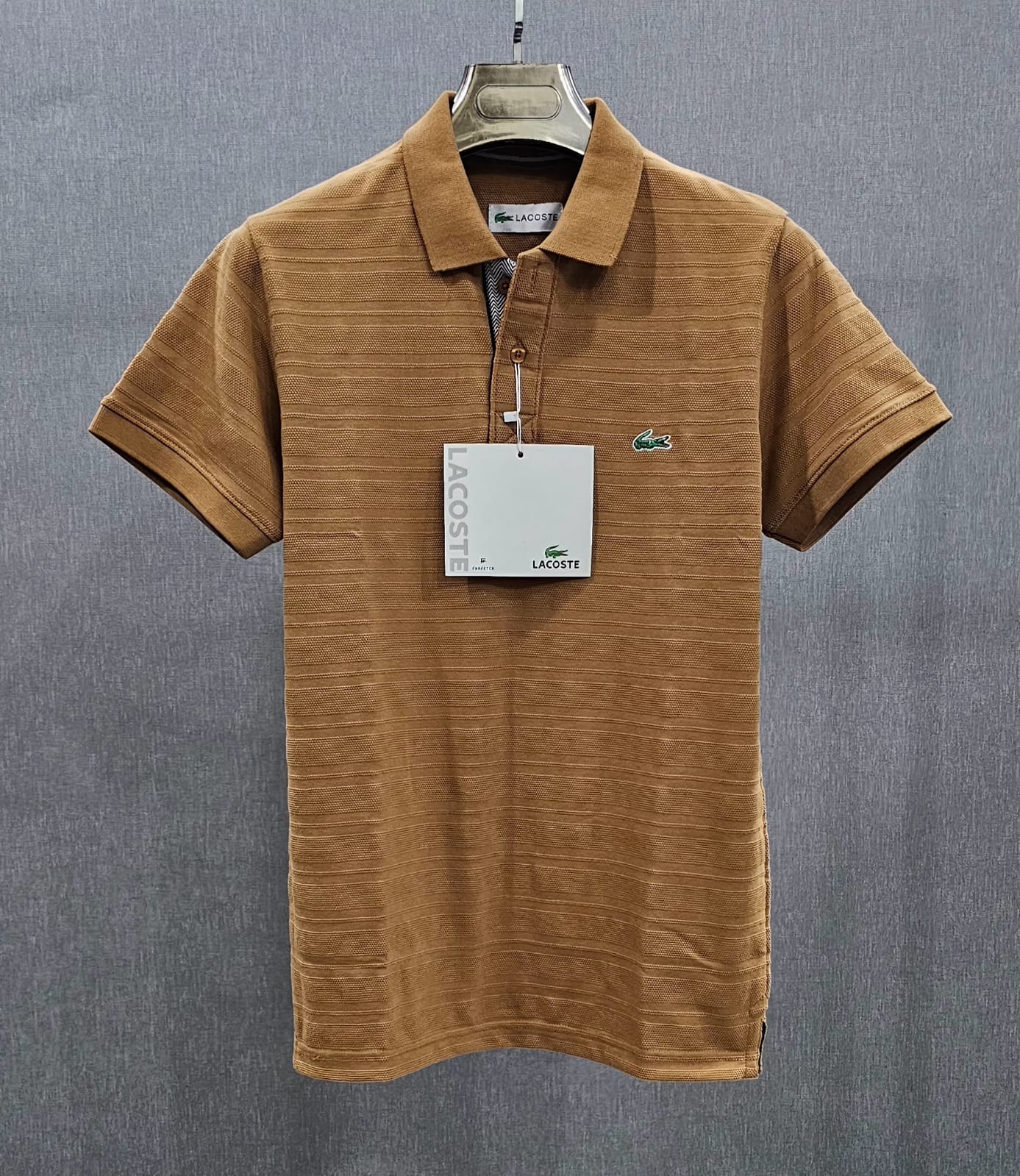 Mens knitted polo shirts in Cotton Jackard self Fabric Camel.