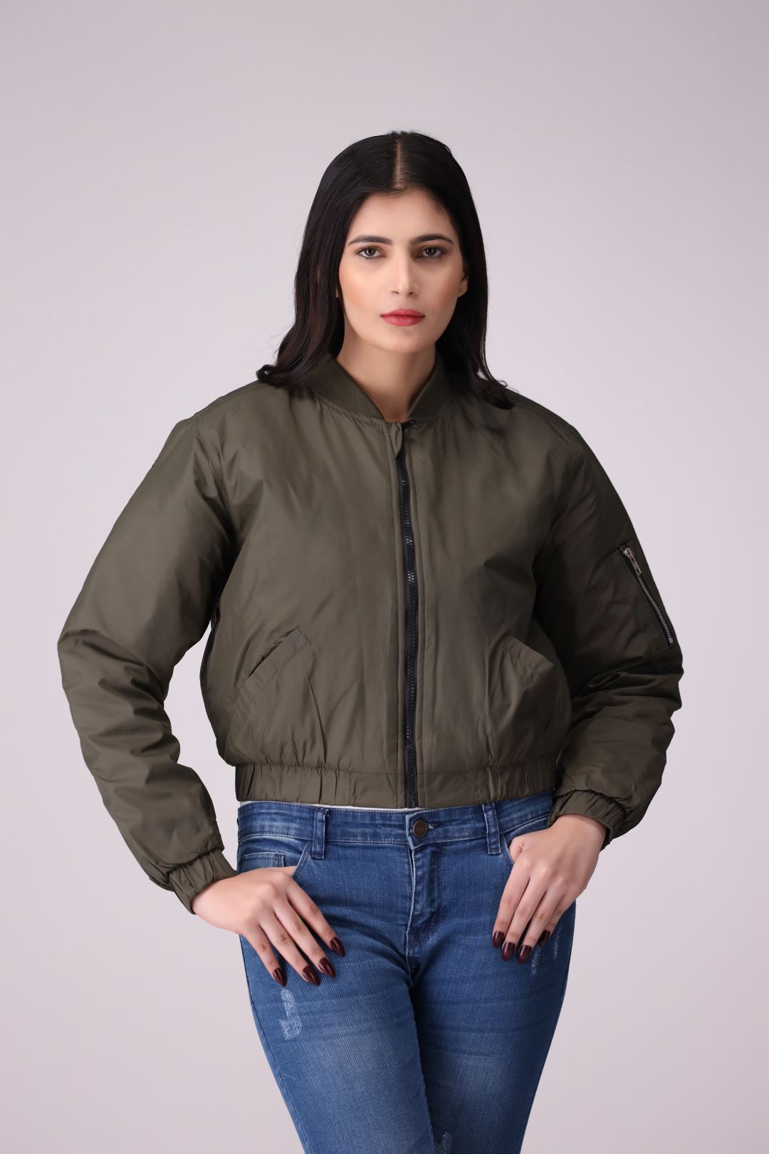 Olive Green Ladies cropped Parachute Jacket in Imported Fabric