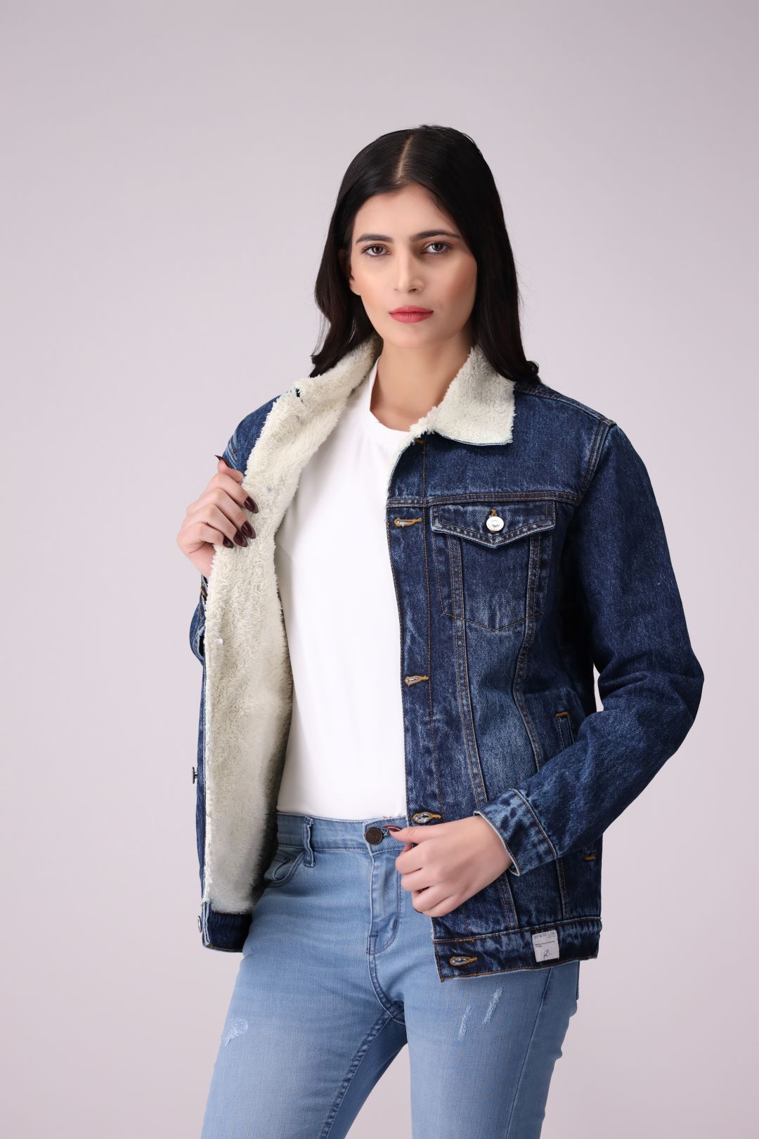 Random Blue Denim Ladies Jacket with full fur inside, regular fit.
