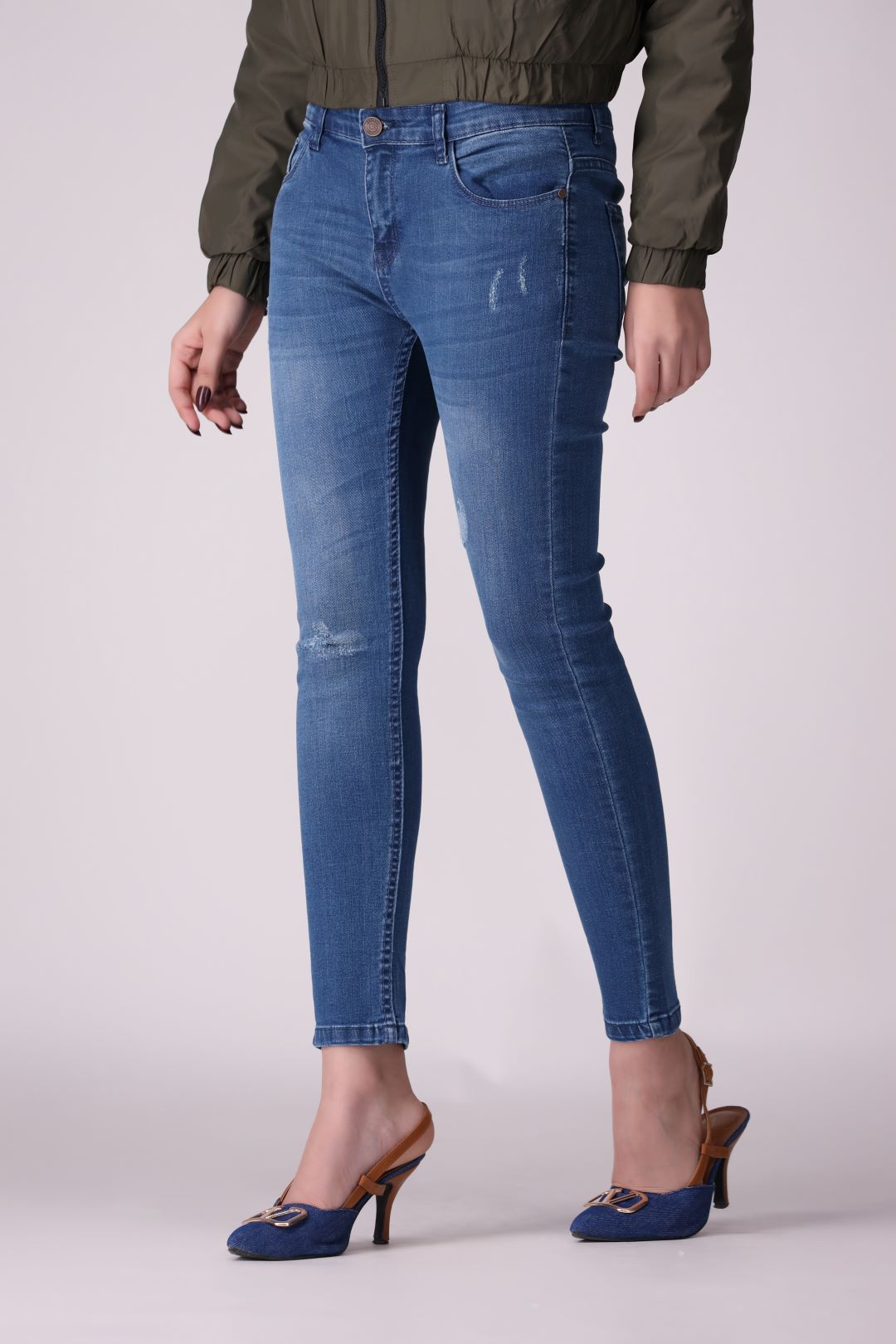 Mid Blue Ripped super stretch Ladies Jeans