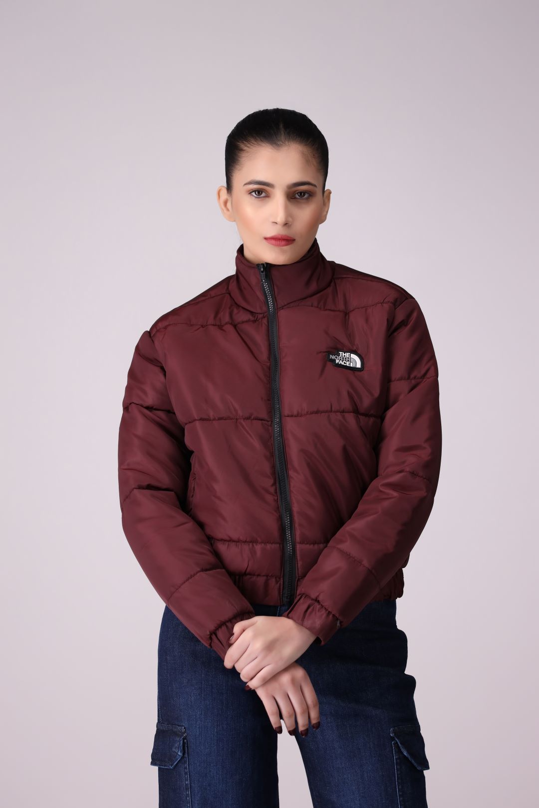 Dark Maroon Ladies Quilted Puffer Jacket in Imported Fabric