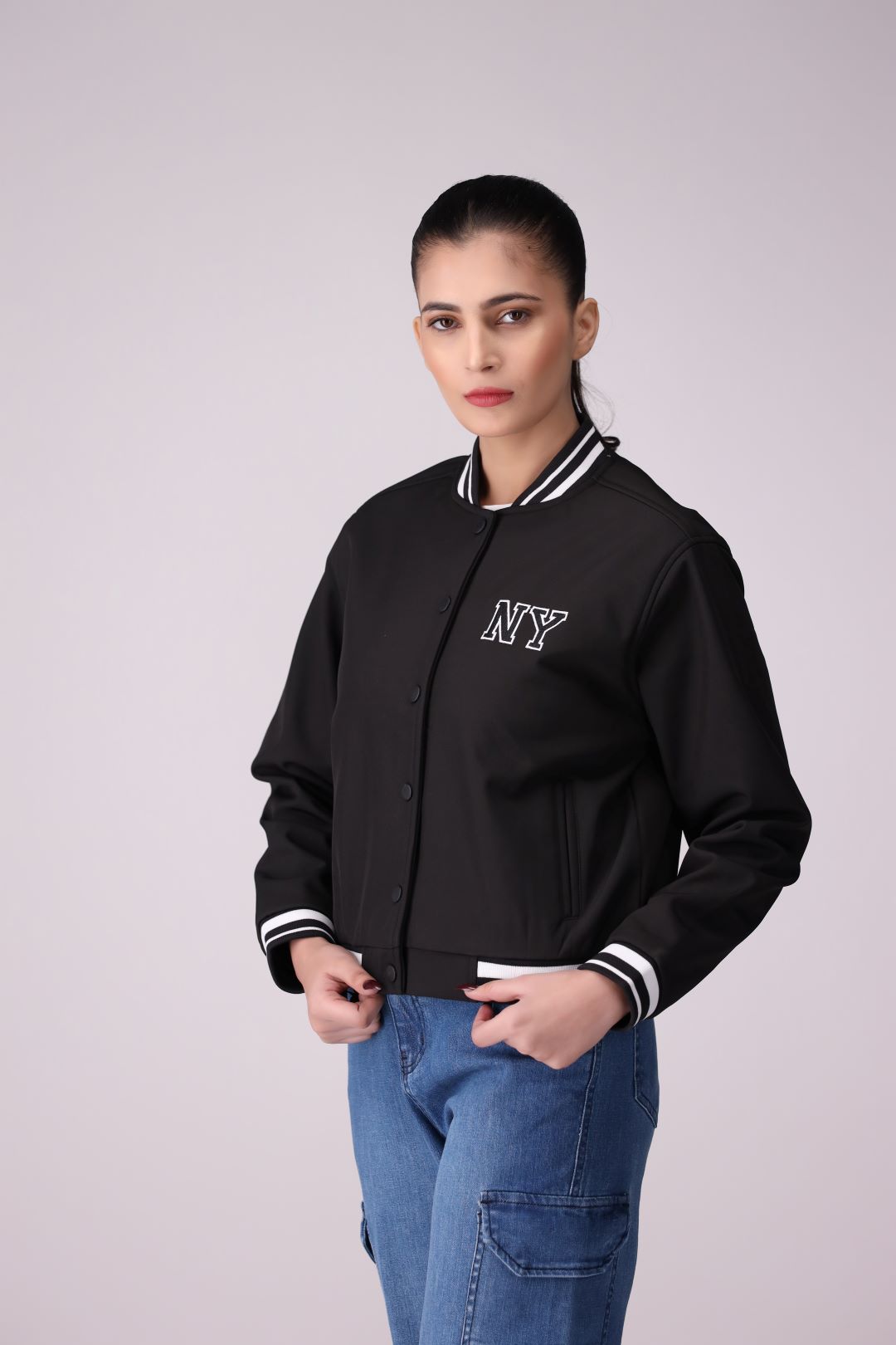 Black Baseball Ladies Jacket in Imported Fabric