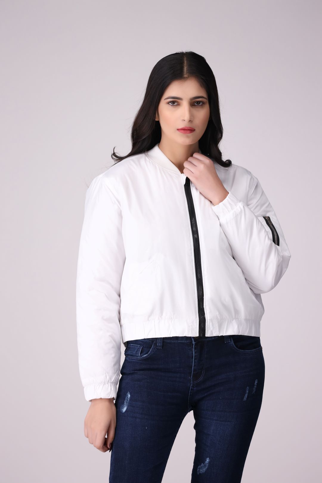 Stone White Ladies cropped Parachute Jacket in Imported Fabric