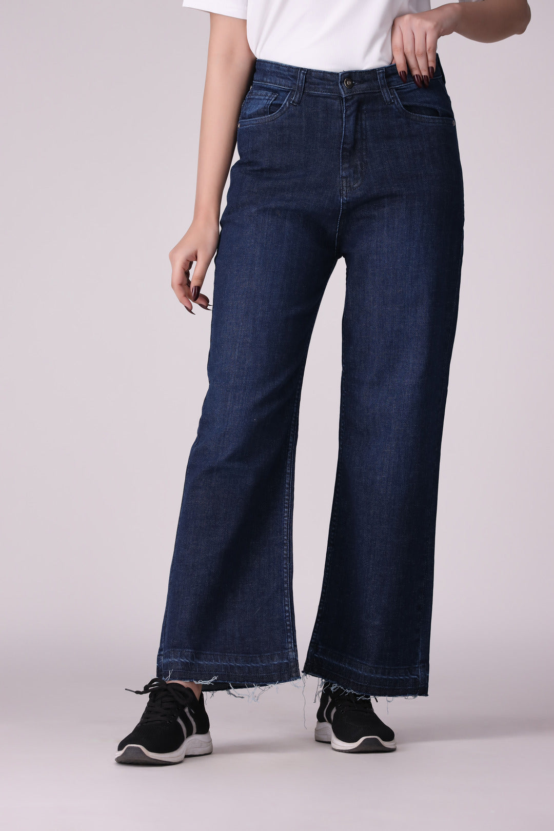 Dark Blue Wide Leg Open Bottom Ladies Jeans, comfort stretch Denim