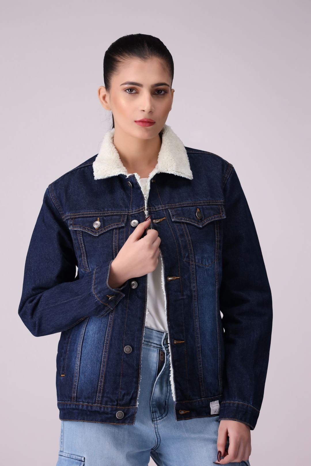 Dark Blue Denim Ladies Jacket with full fur inside, regular fit.