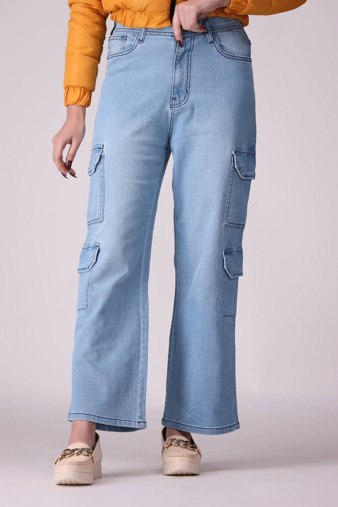 Light Blue 8 Pockets Wide Leg Ladies Jeans, comfort stretch Denim