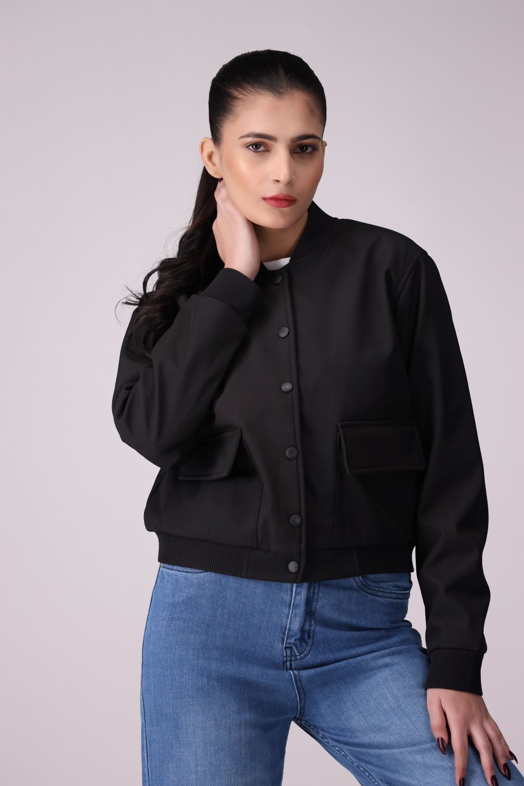 Black front pocket Ladies Jacket in Imported Fabric