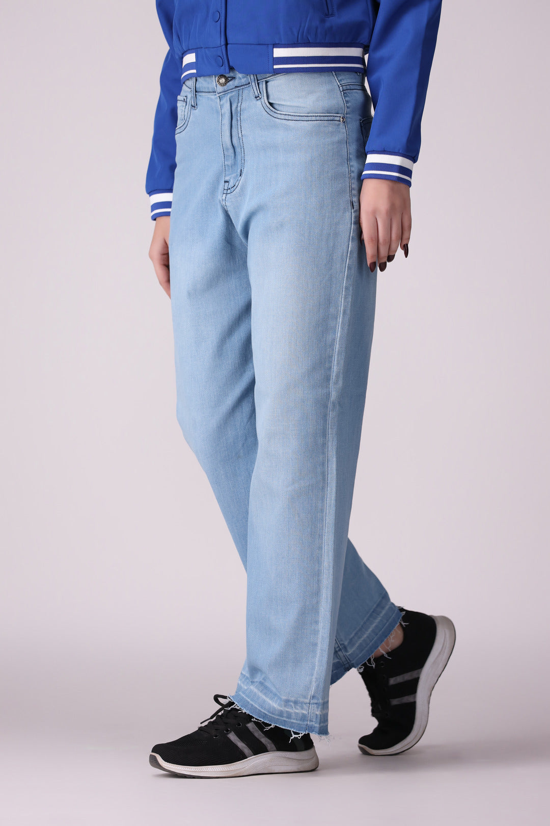 Sky Blue Wide Leg Open Bottom Ladies Jeans, comfort stretch Denim