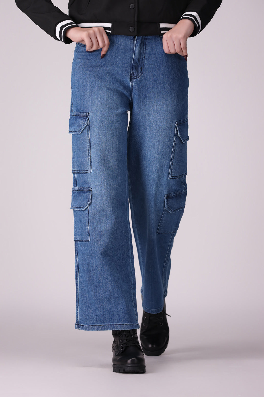 Mid Blue 8 Pocket Wide Leg Ladies Jeans, comfort stretch Denim