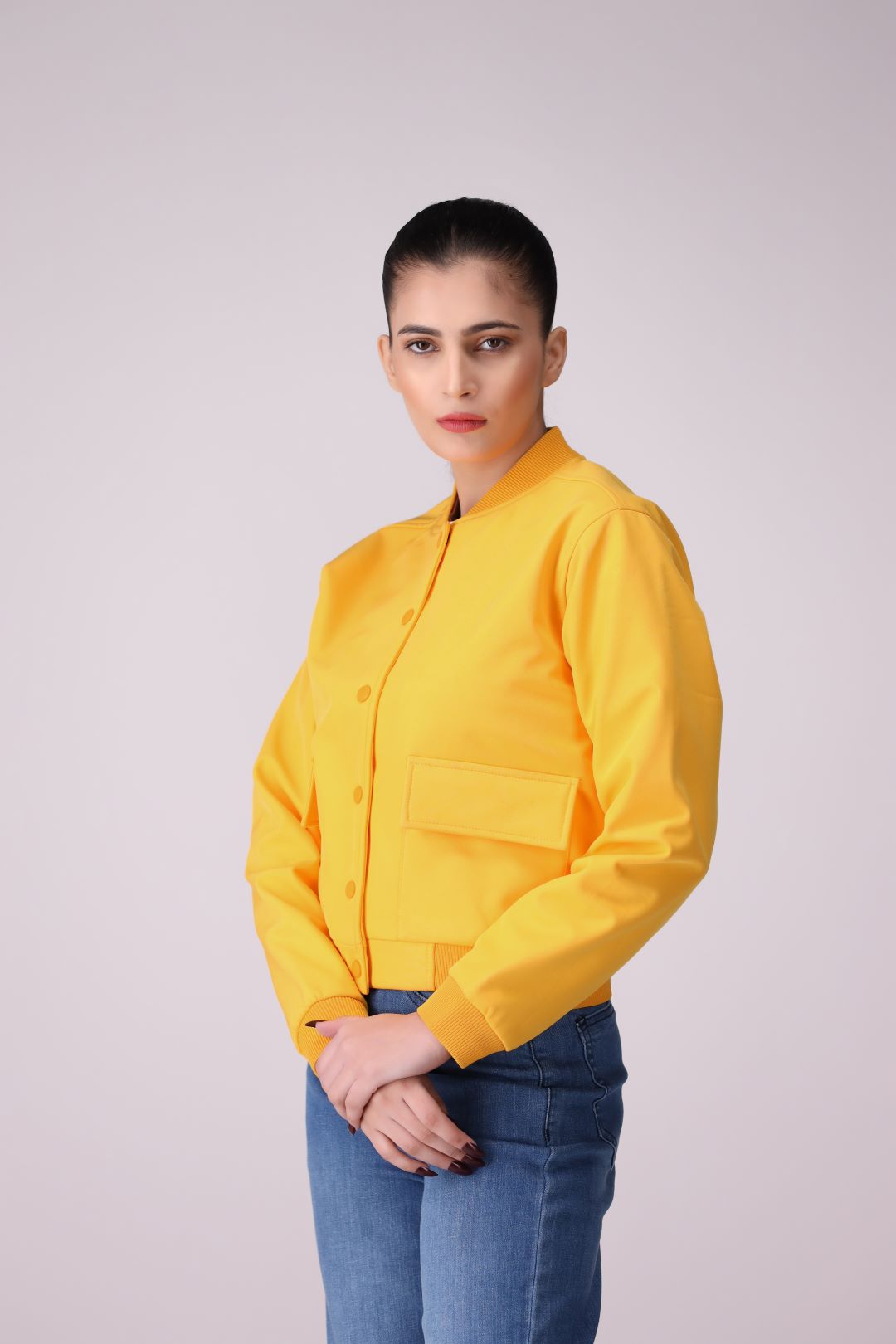 Yellow front pocket Ladies Jacket in Imported Fabric