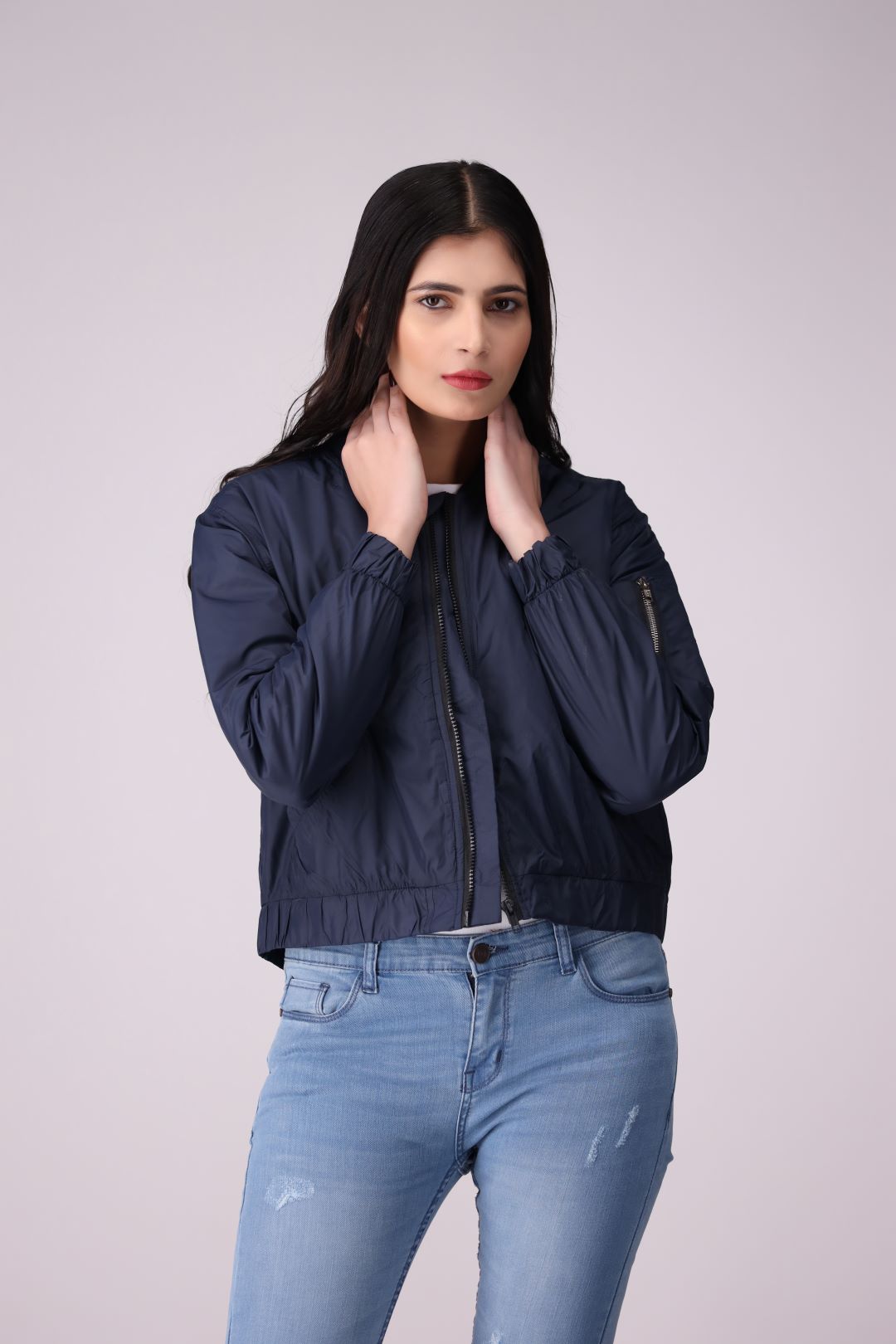 Navy Blue Ladies cropped Parachute Jacket in Imported Fabric