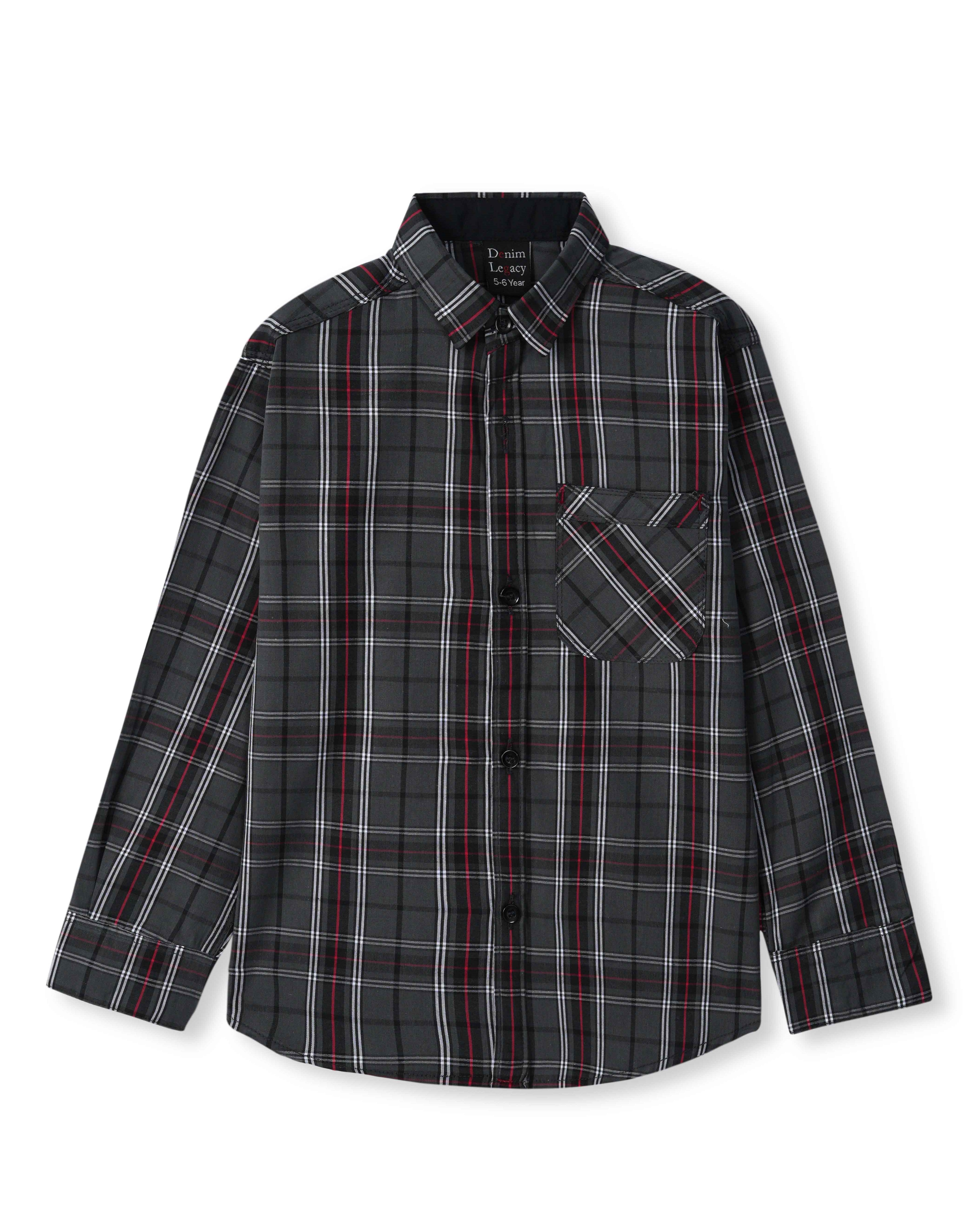 Black with Red Check Boys Full Sleeve Casual Shirts