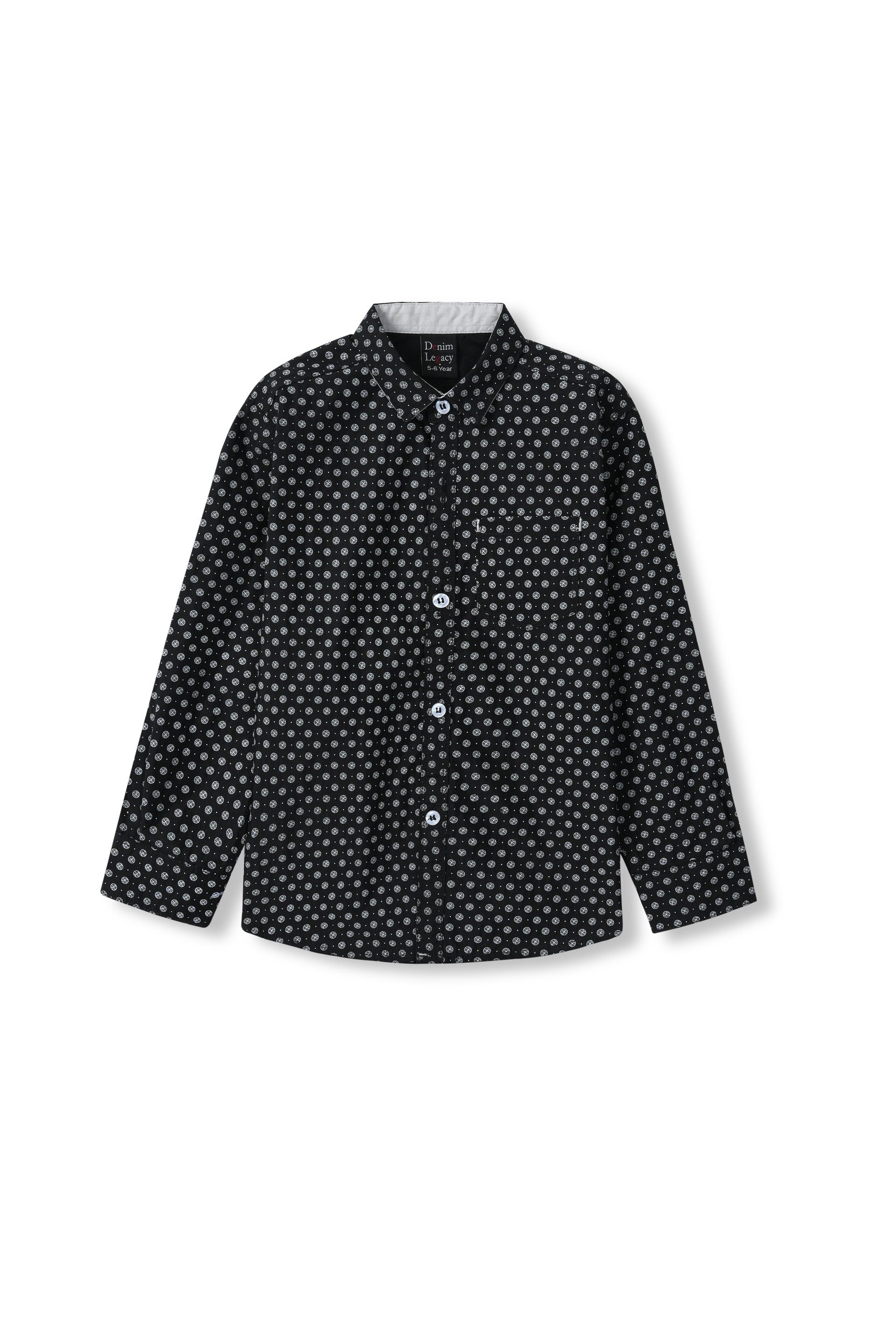 Black with White Print Boys Full Sleeve Casual Shirts