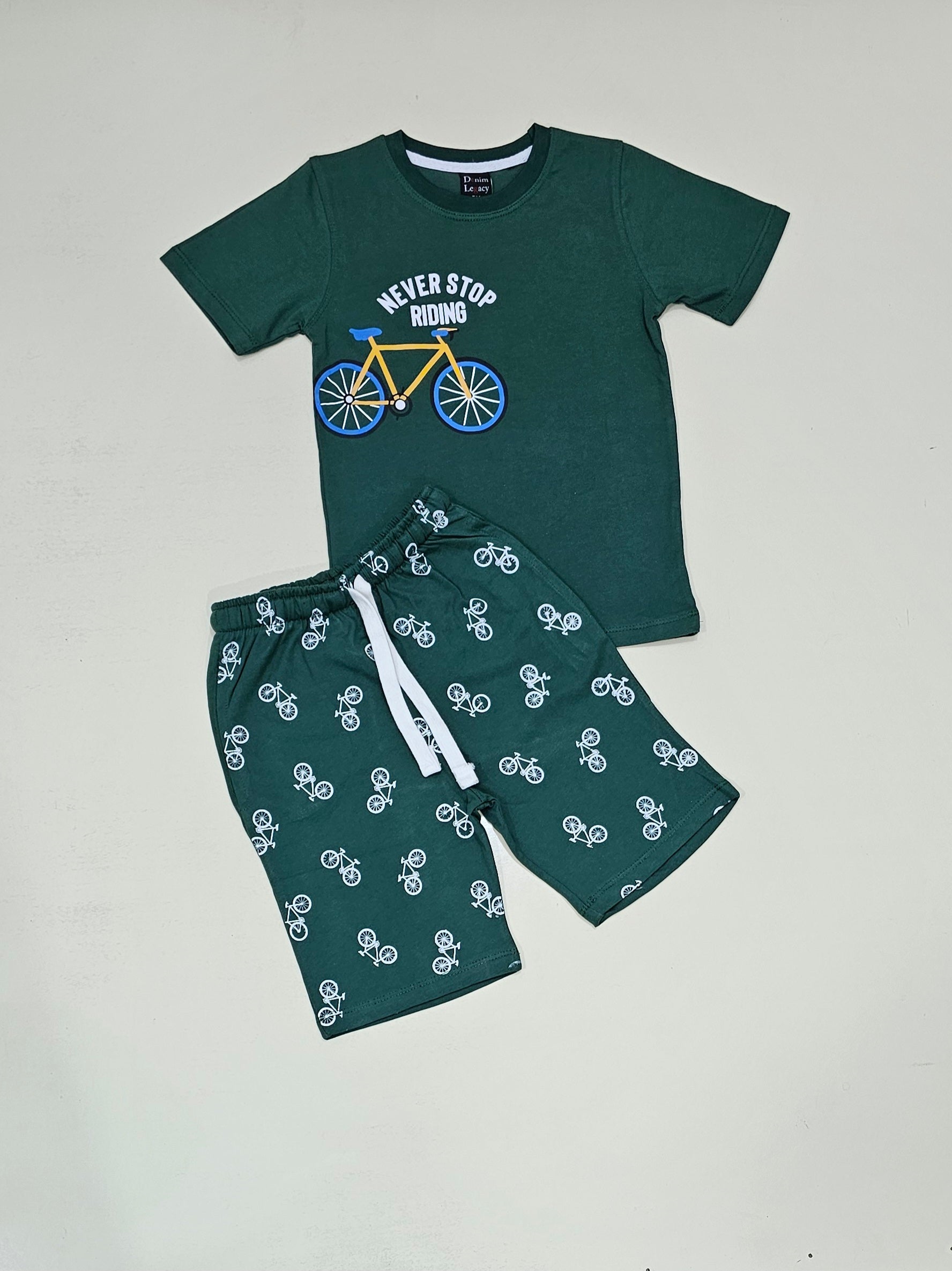 Dark Green, Never stop riding Boys Suit with Shorts in Cotton jersey fabric.