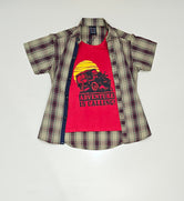 Boys Double shirt, khakhi check with inside red printed tshirt.