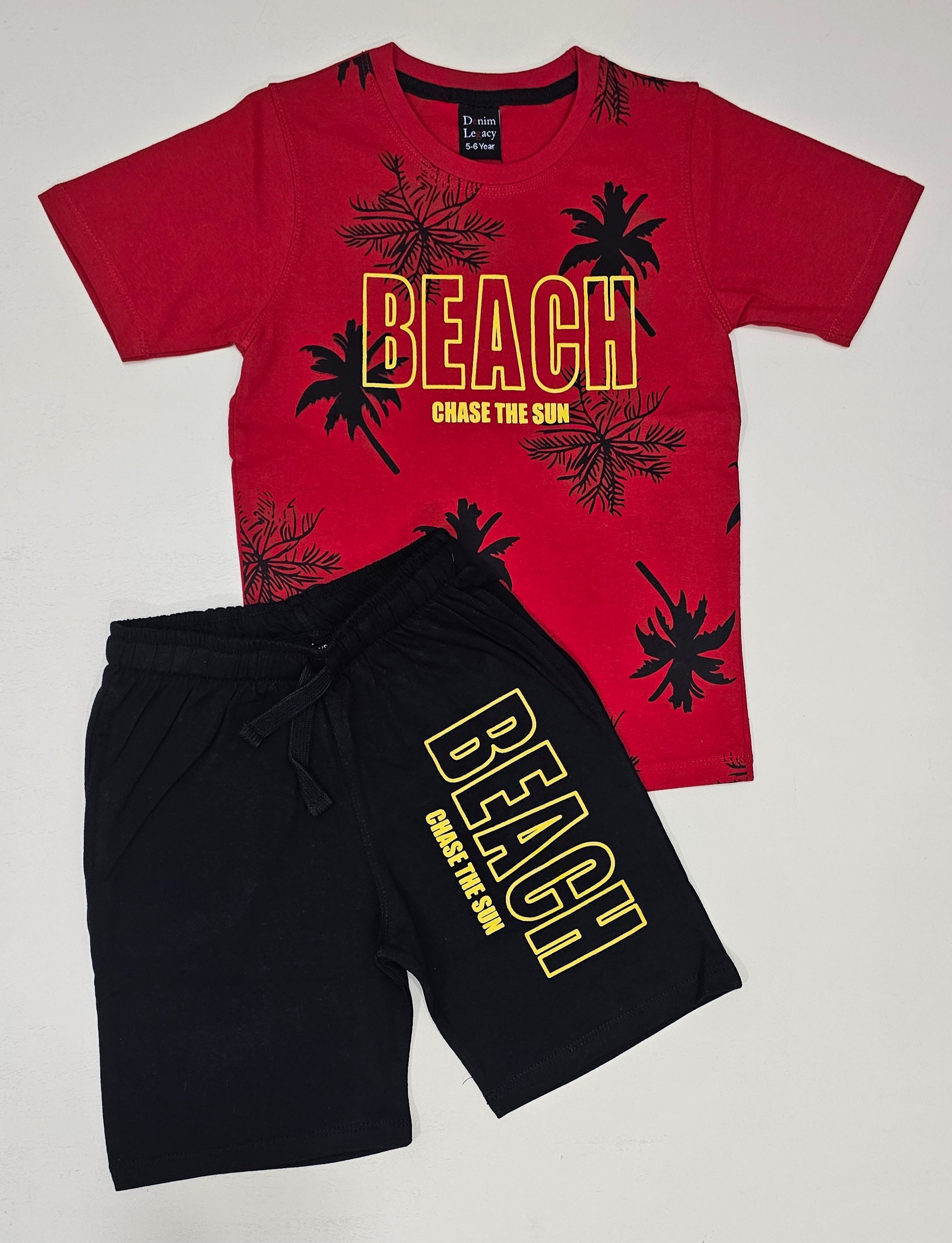 Red Beach floral print Tshirt with blackshorts in Cotton jersey fabric.