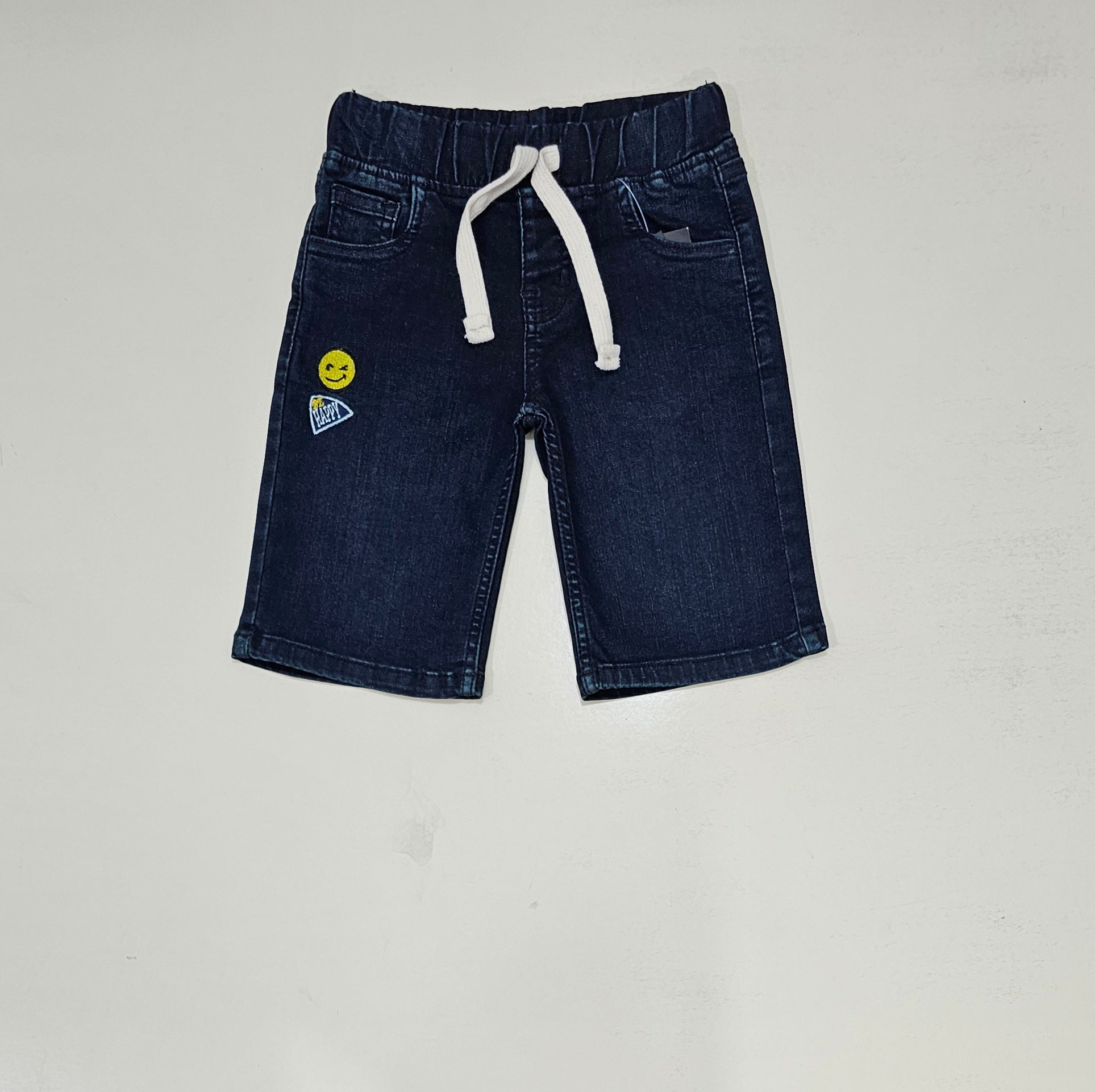 Smiley Kids Shorts Denim Stretch Fabric, Tinted Blue.