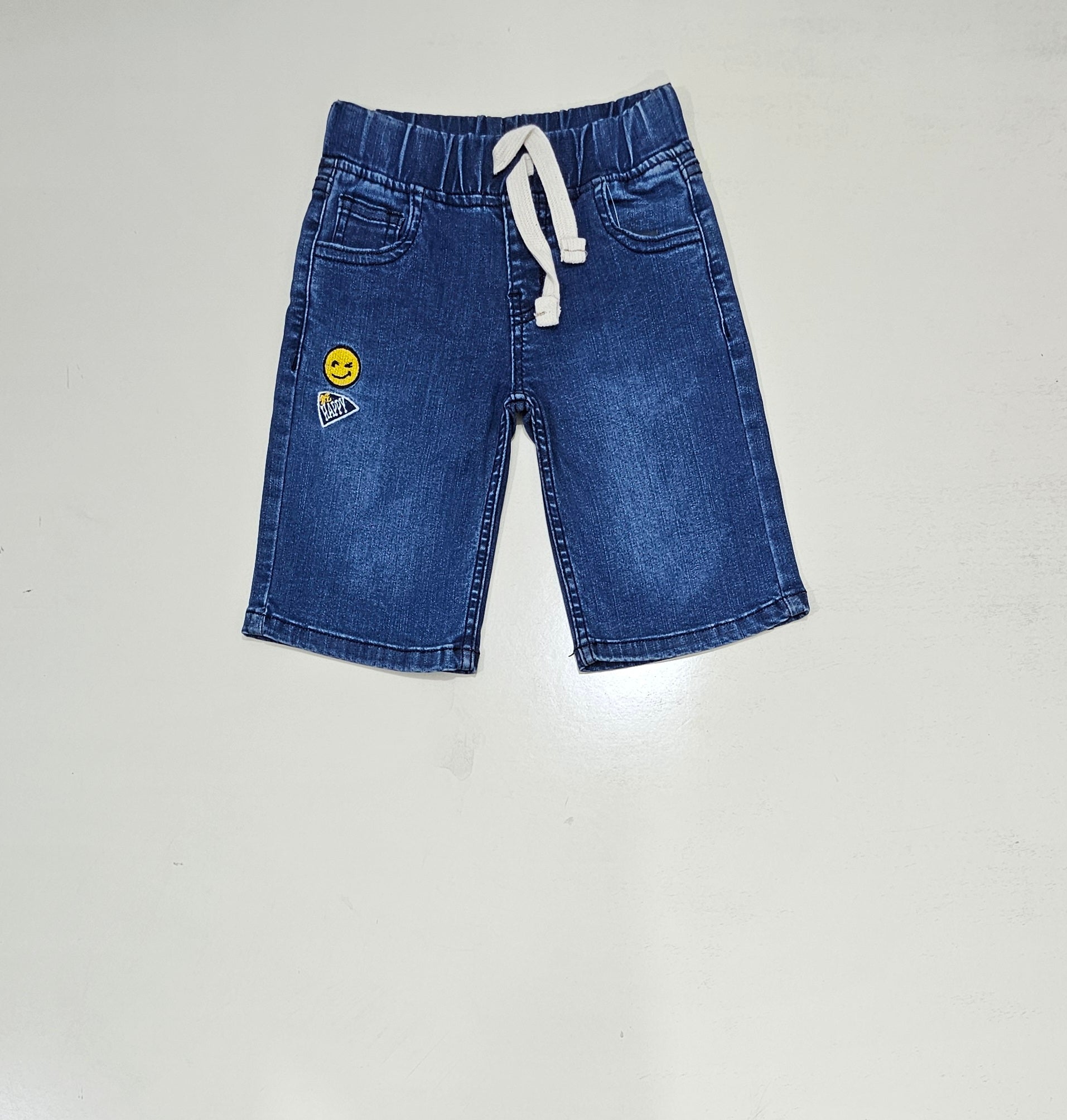 Smiley Kids Shorts Denim Stretch Fabric, Mid Blue.