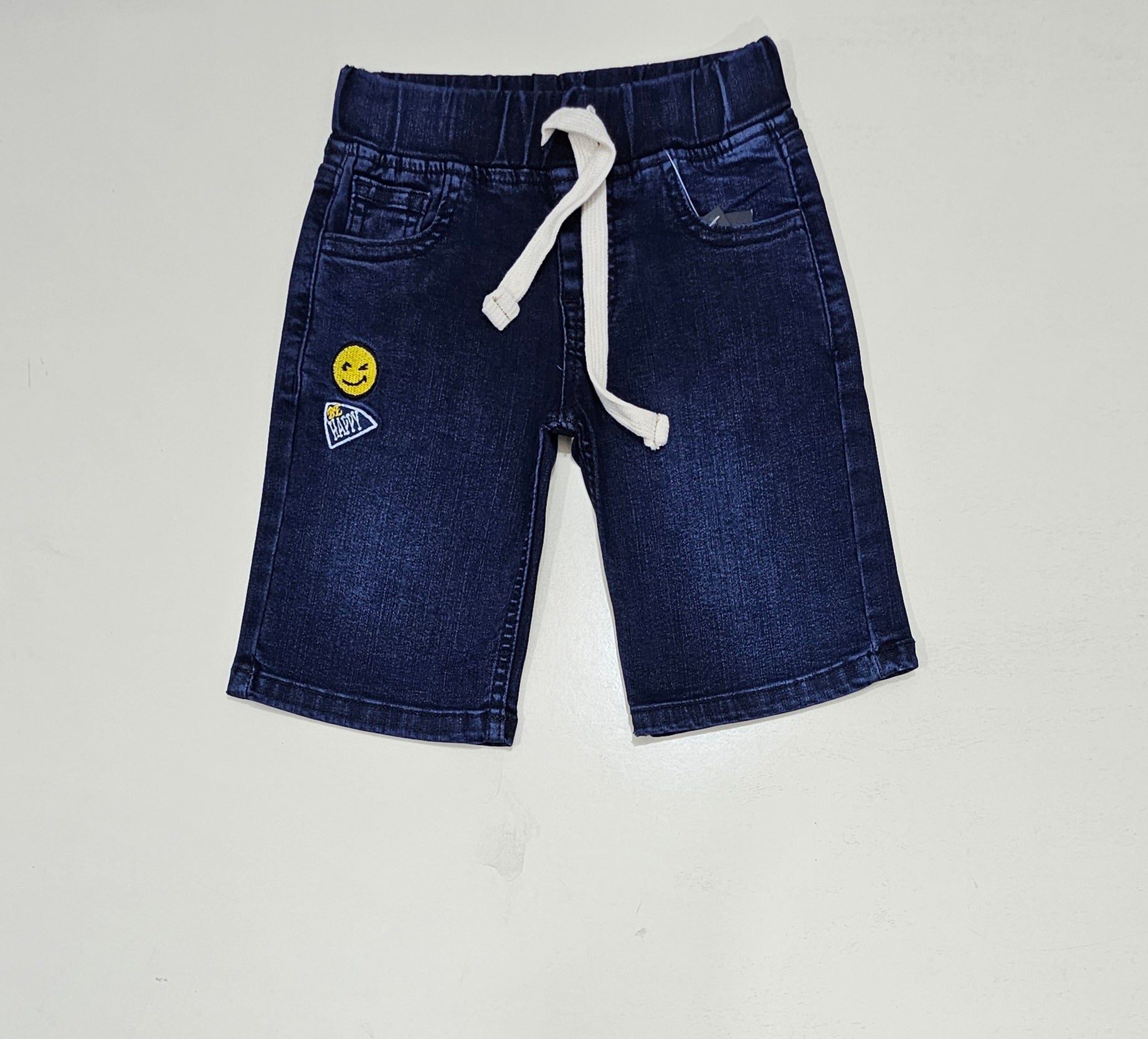 Smiley Kids Shorts Denim Stretch Fabric, Dark Blue.