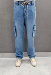 Loose Fit Ballow 6 pocket Jeans, Soft comfortable non-stretch Denim, elasticated belt. Light Blue.