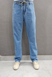 Men's Loose Fit Basic Jeans with elasticated belt, soft comfortable non non-stretch Denim. Sky Blue
