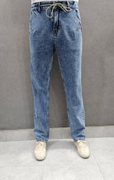 Men's Loose Fit Basic Jeans with elasticated belt, soft comfortable non non-stretch Denim. Acid Blue