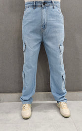 Loose Fit 8 pocket Jeans, Soft comfortable non-stretch Denim. Sky Blue.