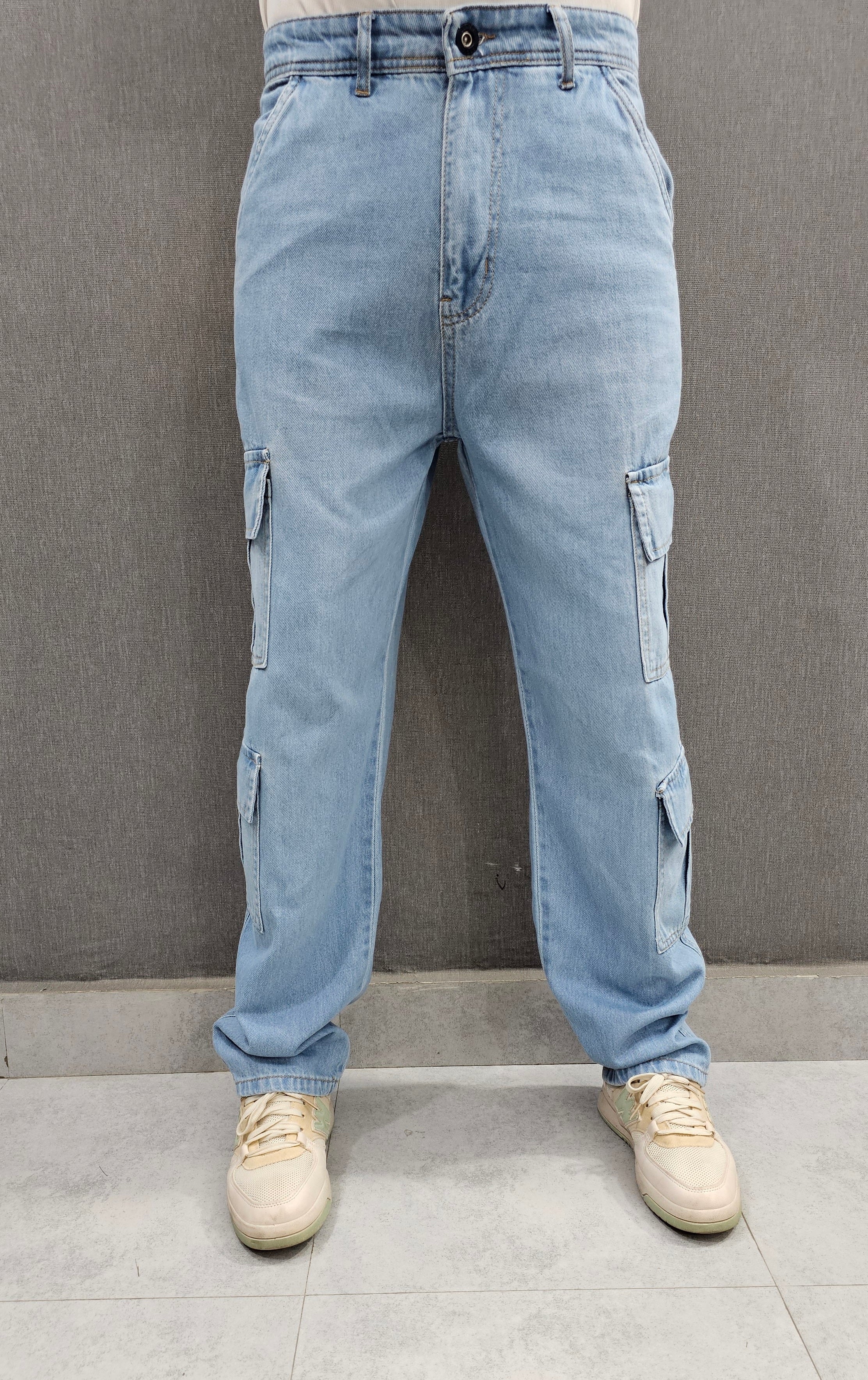 Loose Fit 8 pocket Jeans, Soft comfortable non-stretch Denim. Sky Blue.