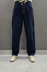 Dark Blue Front Double Stitch Loose Fit Jeans, soft comfortable non stretch Denim.